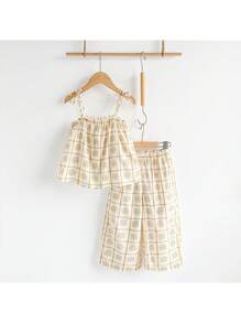 Loomiva 年轻女孩碎花格子图案荷叶边下摆吊带背心上衣和裤子 2 件套，休闲夏季度假装 - 彩色 - 查看 1