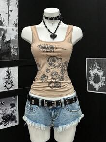 EgrlEra 女式春夏卡其色 Y2K 水钻装饰黑色图案印花街头修身舒适朋克摇滚休闲吊带背心 - 棕色 - 查看 3