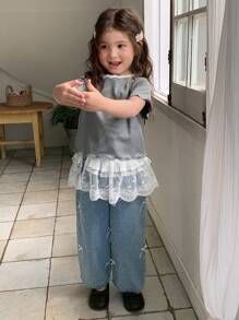 Hapijoa 年轻女孩蕾丝网裙，白色，夏季多层系腰荷叶边迷你裙，适合年轻女孩，秋季服装 - 白色 - 查看 6