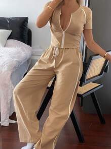 DAZY Conjunto de ropa de estar en casa de punto de dos tonos y estilo deportivo para mujer