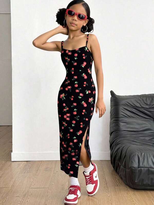 Wildeya Rochie lungă fără mâneci pentru fete, imprimeu vibrant cu fructe și o notă jucăușă, siluetă mulată, tiv cu crăpătură laterală, perfectă pentru ieșiri și ședințe foto, vară