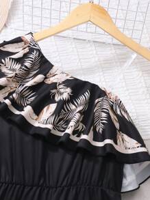 Teens Girls' Vacation Style Floral Print Ruffle Waist Wide Leg Jumpsuit - Black and White - View 6