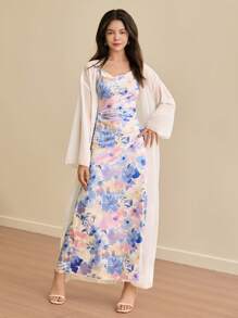 SHEIN 2pcs Teenage Girls Casual Elegant Vacation Ditsy Floral Camisole Dress & Chiffon Long Cardigan Set
