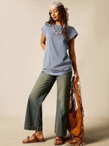 Easelle 女式休闲蓝白条纹露背宽松T恤，春夏 - 藍白色 - 查看 4