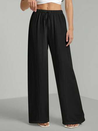 SHEIN Tall Loose Cotton Drawstring Waist Trousers In Textured Crinkle Fabric,Cargo Pants