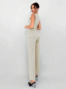Aloruh 女士 2 件套办公室服装卡其色缺口翻领背心夹克和裤子，秋冬 - 杏色 - 查看 2