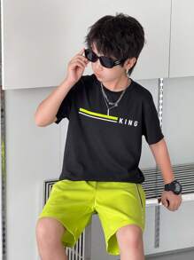 2pcs/Set Tween Boy Casual Letter Pattern Contrast Color Round Neck Short Sleeve T-Shirt And Shorts Set, Suitable For Commuting, School, Daily Casual Wear, Sports, Spring/Summer - Black - View 6