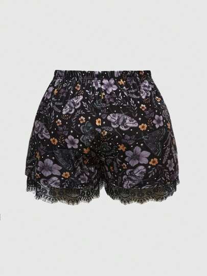 Fairycore Women's Floral Print Lace Patchwork Summer Fashion Shorts