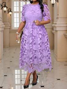 Fleurora Spring And Summer Autumn And Winter Elegant Commuting Wedding Valentine's Day Office Colorful Woven Lace Round Neck Flared Puff Sleeve Ruffle Neck Midi Short Sleeve Plus Size Dresses Holiday Outfits Classy Outfits Fall Clothes Curve - Purple - View 4