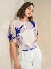 Chikora Áo cánh tay bồng thêu hoa thanh lịch cỡ lớn dành cho nữ, trang phục công sở mùa hè cỡ lớn dành cho nữ - Nhiều màu - Xem 7