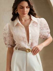 Anewsta Blouse élégante à manches courtes avec motif floral de palais pour femmes, idéale pour l'été