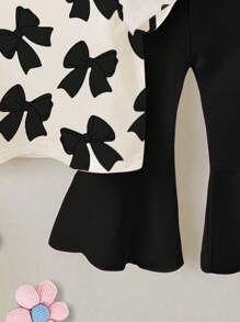 SHEIN Playful Pals 2pcs Baby Girls' Casual Cute Bow Graphic Print Short Sleeve Round Neck T-Shirt And Flare Pants Set - Multicolor - View 4