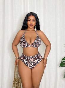 Slaydiva 4pcs/Set Plus Size Adjustable Sexy Leopard Print Swimsuit Set For Vacation For Summer - Multicolor - View 4