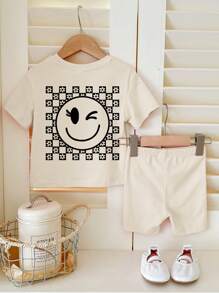 SHEIN 2pcs Young Girl Casual Minimalist Short Sleeve Shorts Set, Suitable For Summer