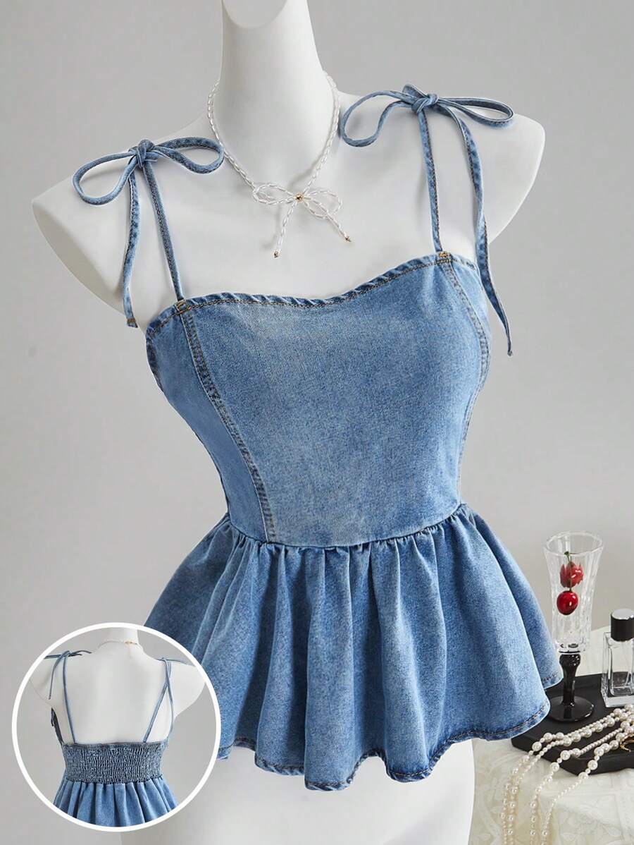 SHEIN MOD 女士修身牛仔吊带背心，休闲修身蓝色，Saint John 2025，可爱夏季上衣，女士优雅服装，牛仔女郎服装，女士巡航服装，女士早午餐服装，毕业上衣，复古 - 淺色水洗藍 - 查看 1