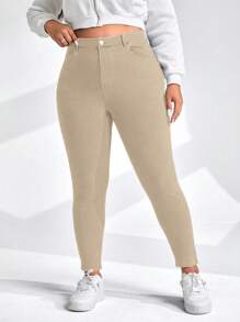 EMERY ROSE Women Plus Size Casual Solid Color Stretchy Leggings Elegant Spring - Khaki - View 6