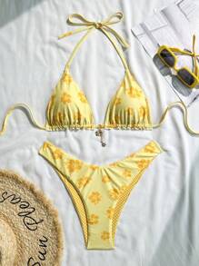 Swim Mod 2pcs/Set Summer Holiday Random Gold Flower Print Halter Triangle Bra And High-Cut Swim Briefs Sexy Yellow Bikini Set - Yellow - View 5