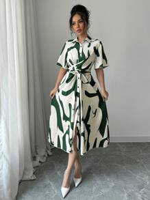 Elenzga Váy dài vừa phải in họa tiết khối màu thường ngày/đi làm cho nữ cài nút phía trước - Màu xanh lá cây đậm - Xem 5