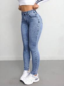 SHEIN Tall 女士牛仔裤 紧身弹力长裤 蓝色高腰 女士牛仔裤 慢跑裤 女士牛仔裤 女士牛仔裤 女士牛仔裤 女士裤子 蓝色牛仔裤 高腰牛仔裤 - 中等水洗藍 - 查看 3