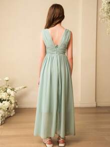 SHEIN Vestido formal largo de gasa verde sólido con cuello en V, sin mangas y cintura alta, adecuado para ceremonias de graduación, para niñas - Verde - Ver 2