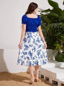 SHEIN 2 件套青少年女孩优雅褶皱泡泡袖纯色方领衬衫 + 彩色印花 A 字裙套装，适合夏季外出和度假 - 寶藍色 - 查看 2