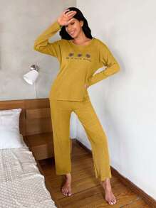 RueChic Floral and Slogan Graphic Ribbed Knit Tee & Pants Lounge Set - Yellow - View 4