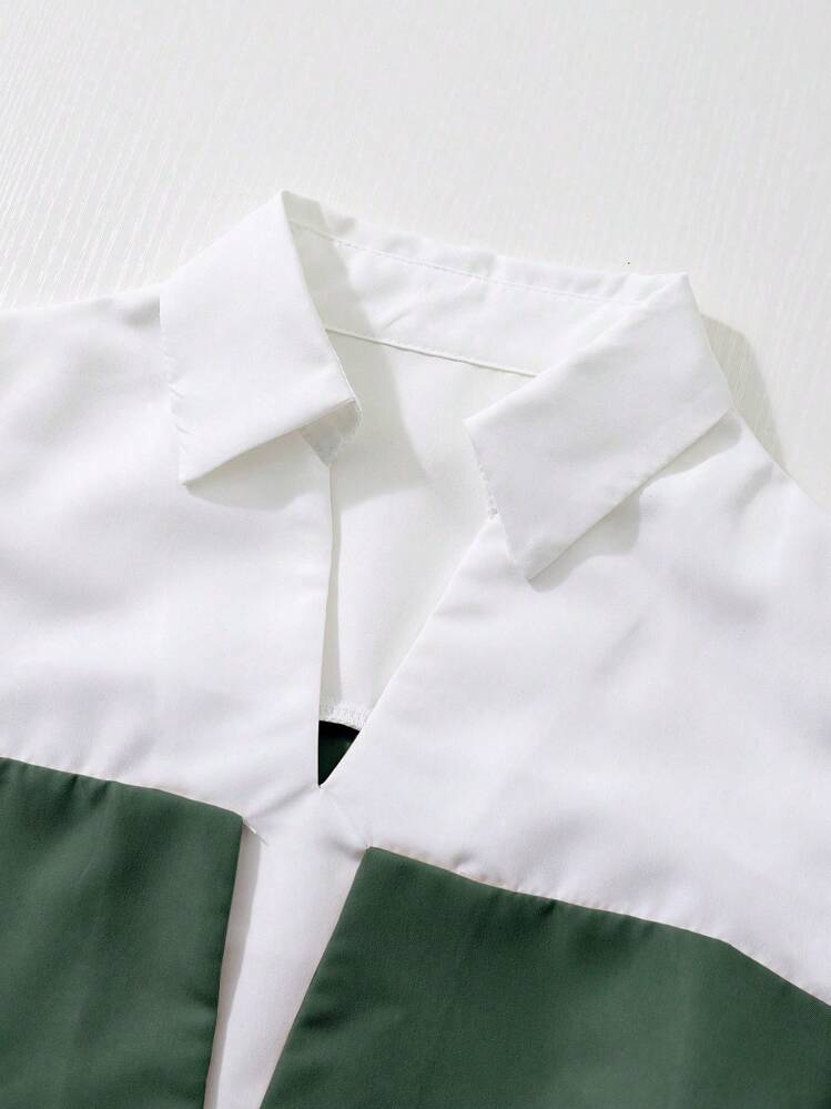 SHEIN 2件套少女拼色短袖衬衫和纯色裤子套装 - 墨綠色 - 查看 6