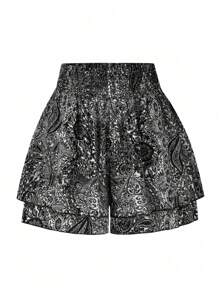 SHEIN LUNE Plus Size Women Botanical Print Drawstring Waist Shorts - Black - View 1