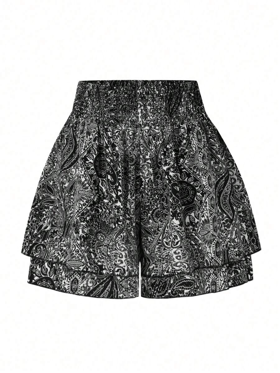 SHEIN LUNE Plus Size Women Botanical Print Drawstring Waist Shorts - Black - View 1