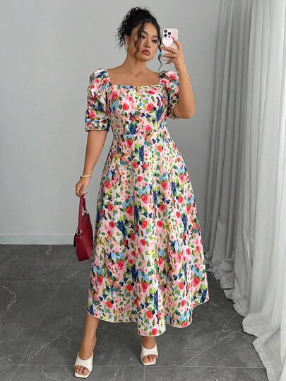 Modelyn Plus Size Ruched Hem Printed Square Neck Puff Sleeve A-Line Dress