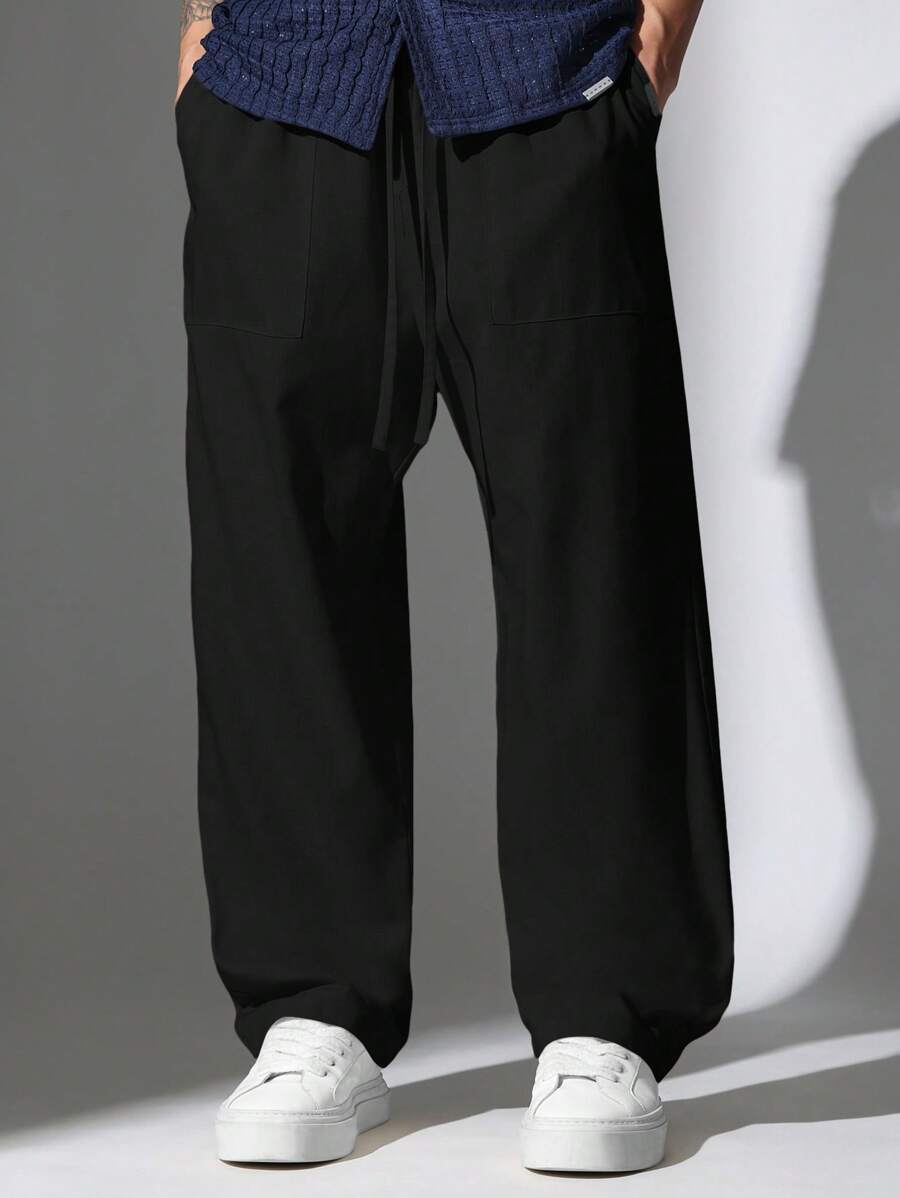 SUMWON 宽腿抽绳裤宽松休闲阔腿裤休闲裤度假服高舒适时尚长裤 - 黑色 - 查看 1