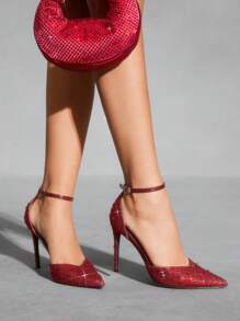 CUCCOO SZL Fashionable Women's Pointed Toe Glitter High Heels For Christmas Spring Shoes - Burgundy - View 4