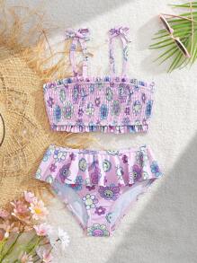 Young Girl Pink Beach Vacation Swimwear Set With Ruffled Hem & Random Prints