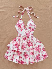 Soleia 女士花卉印花交叉露背迷你连衣裙，度假风格