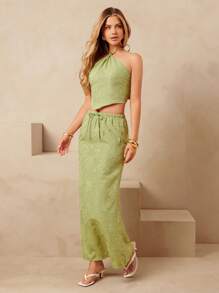 L'Amorae Jupe Plissée A-Line Longue avec Cordon de Serrage à la Taille pour Femmes, Légère pour l'Été - Vert - Voir 3