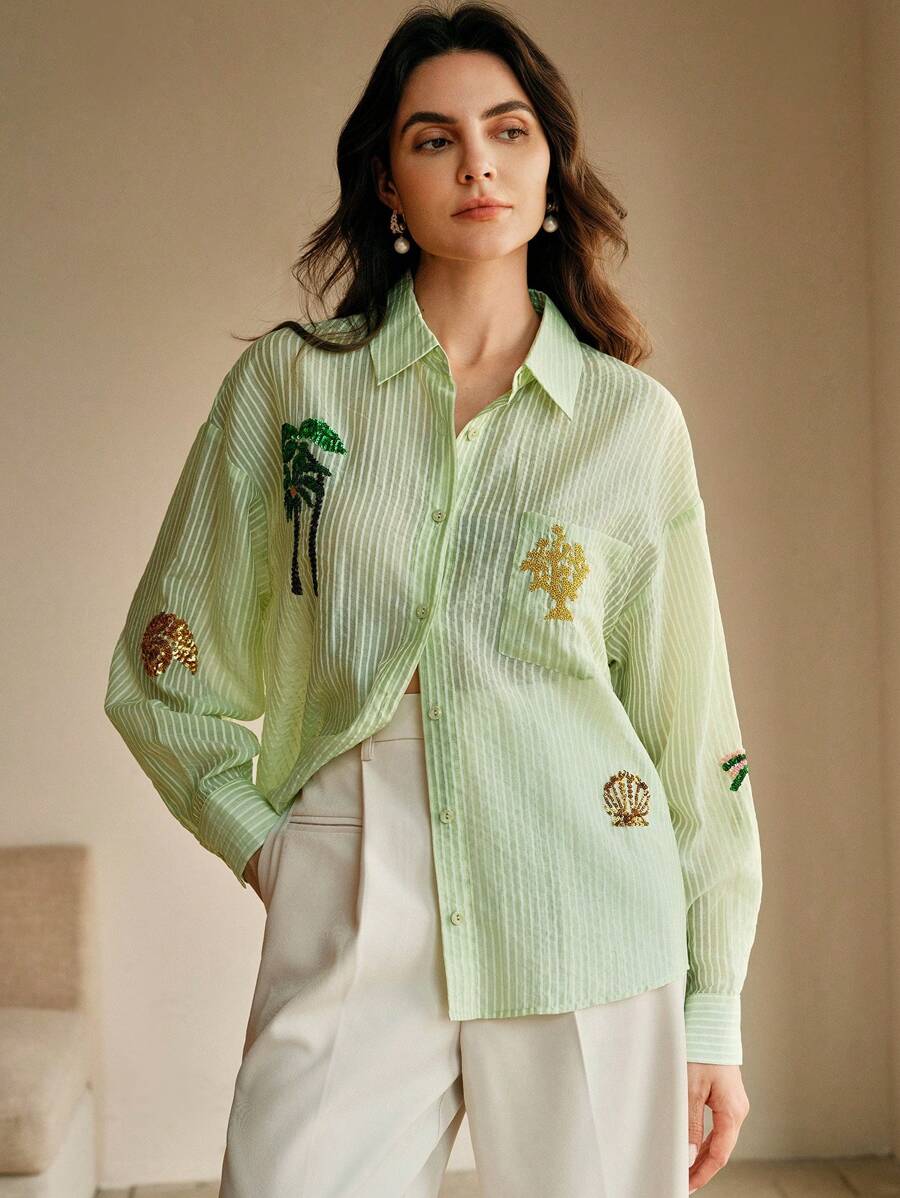 Anewsta Women's Colorful Sequin Embroidery Palm Tree Long Sleeve ...