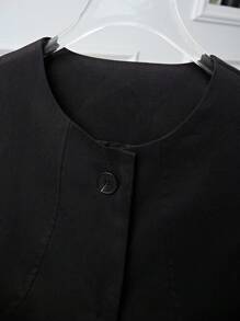 Flirla Women's Commuter Elegant Design Arcuate Split Vest Jacket, Button Pocket Decor Black Round Neck Open Front Top