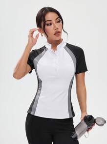 Activina Women's Color Block Raglan Sleeve Half Button Up Fitted Equestrian Jacket - Black and White - View 8