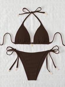 Swim Mod Women Vacation & Beach Solid Color Swimsuit Set For Summer - Coffee Brown - View 3