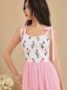 Teen Girls Tulip Print Contrast Mesh Cami Dress - Navy Blue - View 6