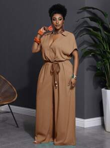 Slaydiva 大码女式纯绿色短袖交叉 V 领编织腰带阔腿连体裤，休闲度假装，春夏