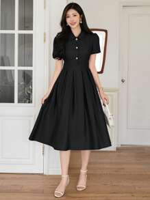 DAZY Solid Color Collar Pleated Puff Sleeve Midi Dress For Women - Black - View 3