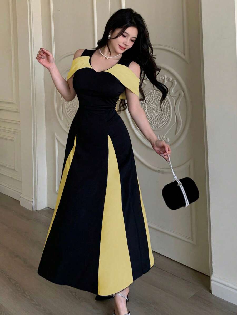 Modelyn Robe de fête/soirée élégante pour femme en tricot à épaules dénudées, taille marquée