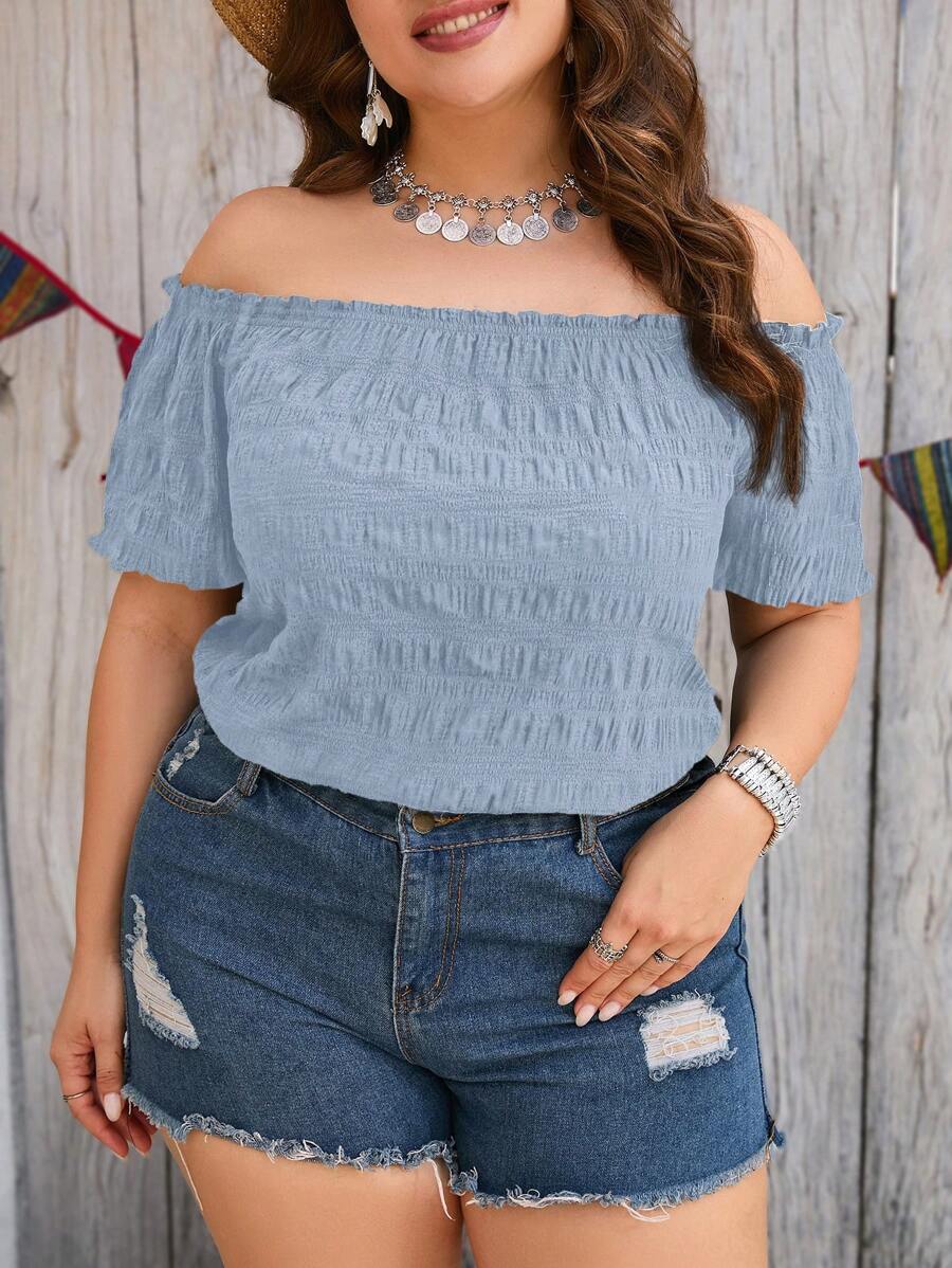 SHEIN Clasi Plus Size Women Off Shoulder Ruffle Short Sleeve Blouse, Vacation Style - Baby Blue - View 1
