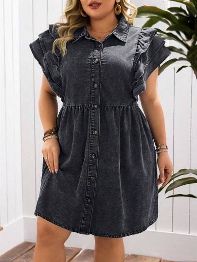 EMERY ROSE 大码荷叶边牛仔连衣裙，休闲假日夏季风格