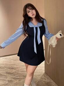 REIGN AVE Striped Splicing Lace-Up Long Sleeve Bodycon Short Dress, Minimalist Style For Spring/Summer - Navy Blue - View 4