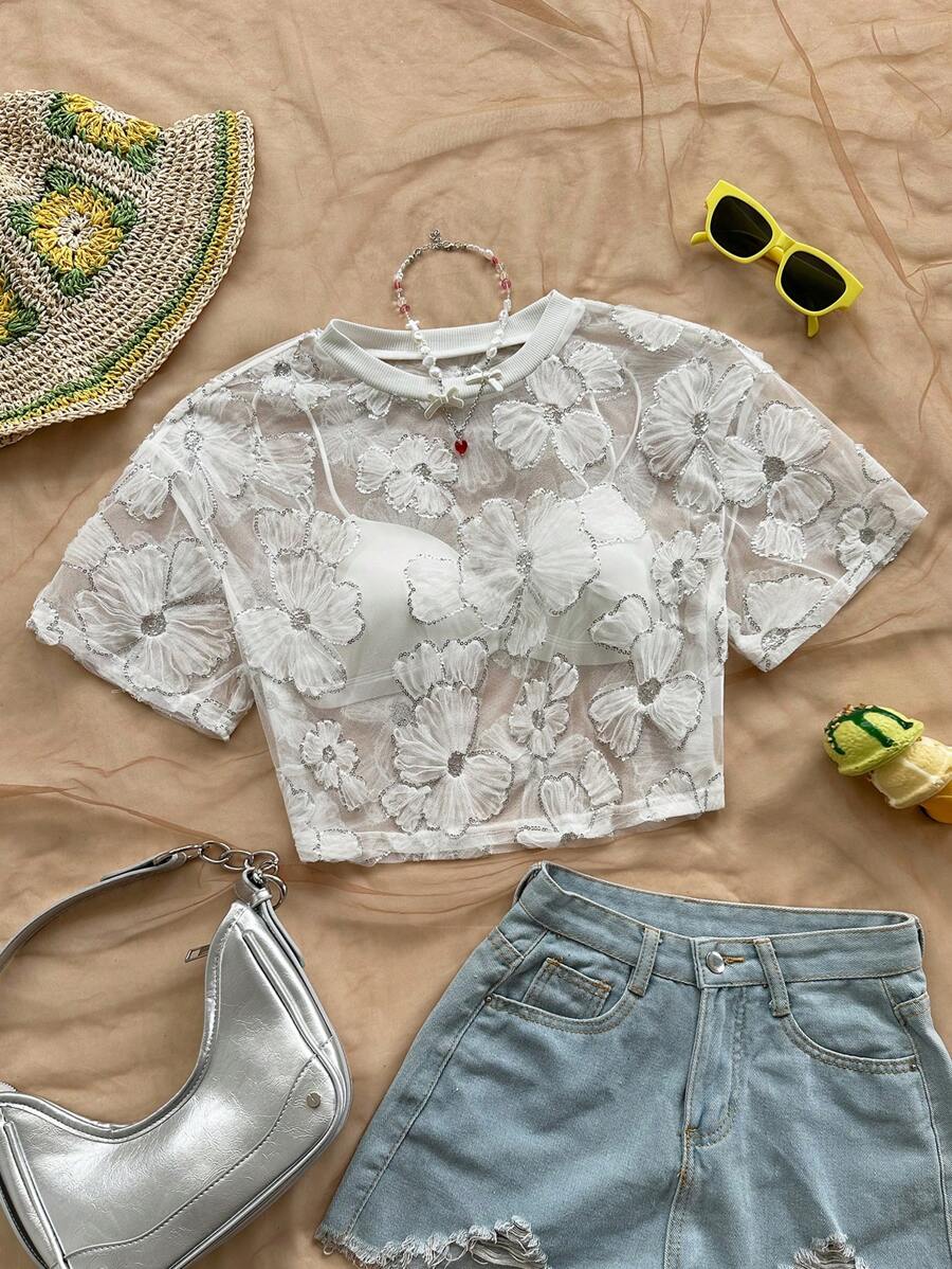 Soleia Women's Casual Holiday Summer Vacation Romantic Floral Embroidered Fashion Top, Suitable For Wedding Season, Afternoon Tea - White - View 1
