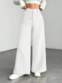 SHEIN PETITE Quần ống rộng lưng thấp màu trơn đơn giản thoải mái cho nữ - trắng - Xem 5