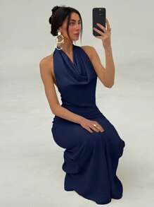 Aloruh Vestido de dama minimalista de cuello alto ajustado con forma de H sin espalda para ir al trabajo