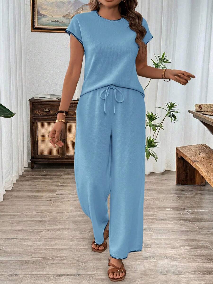 SHEIN LUNE 女士套装 服装 两件套 旅行装 春夏家居套装 休闲套装 - 藍色 - 查看 1